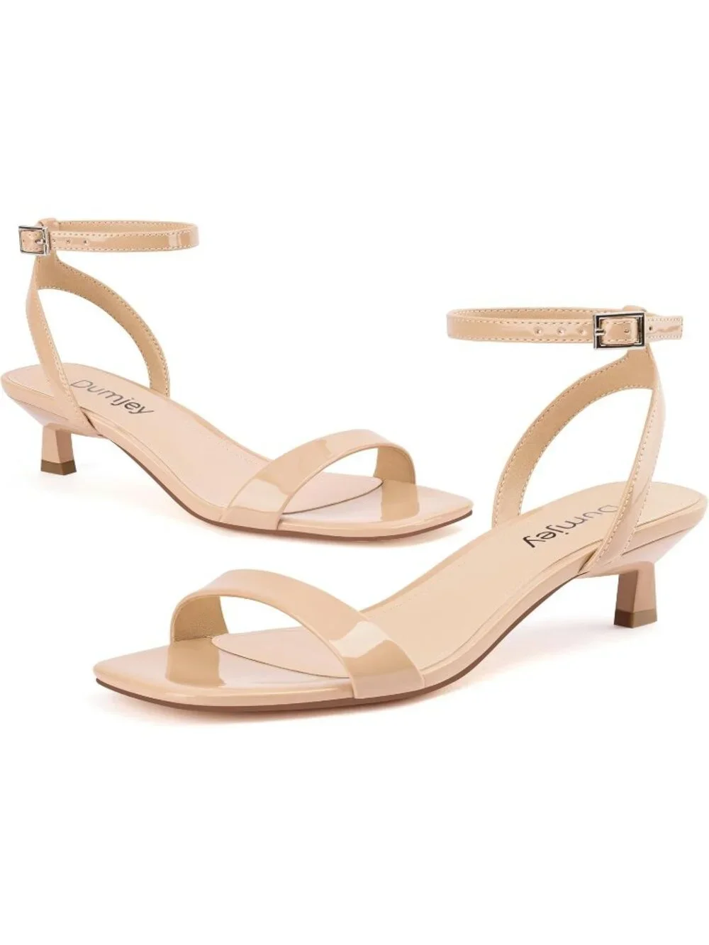 Women's Shiny Nude Faux Leather Square Open Toe Ankle Strap Kitten Heel Sandals